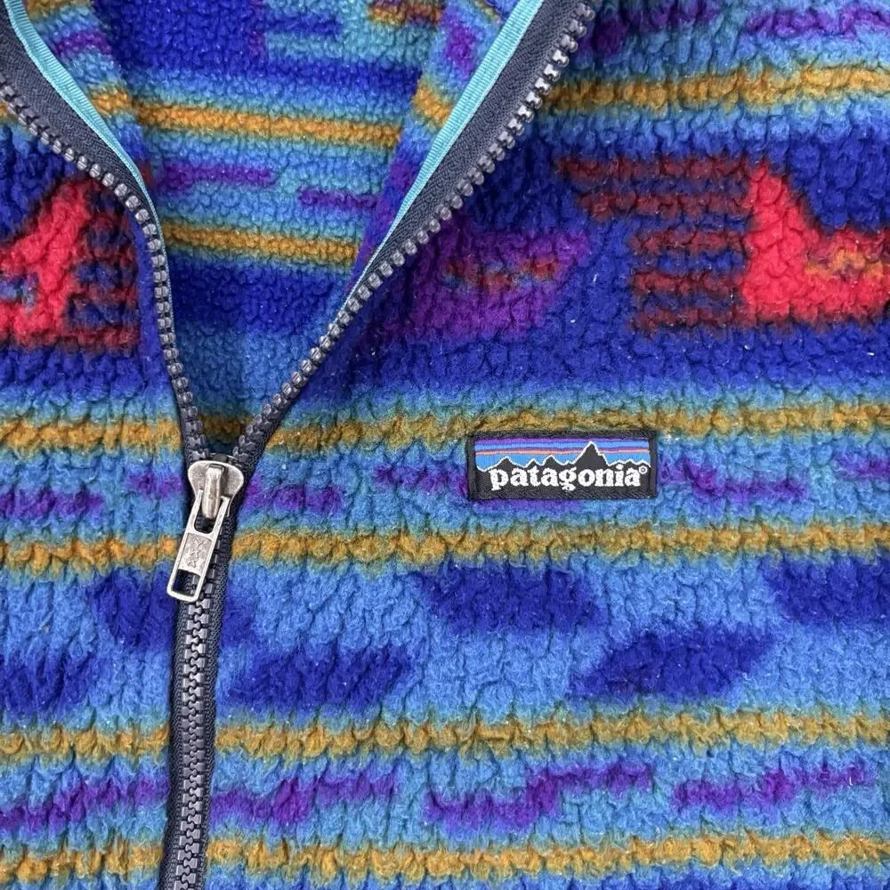 Vintage Patagonia Kids size 8 Synchilla Fleece 1/4 Zip Blue Aztec Pocket USA